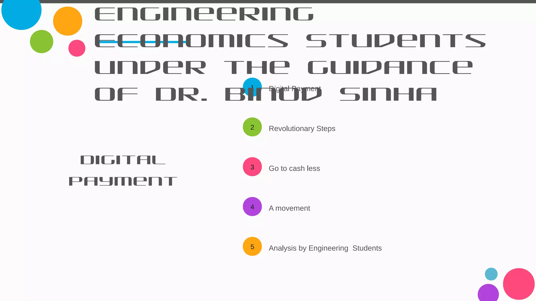 1
2
3
4
5
Engineering
Economics Students
under the guidance
of Dr. Binod SinhaDigital Payment
Revolutionary Steps
Go to cash less
A movement
Analysis by Engineering Students
Digital
Payment
 