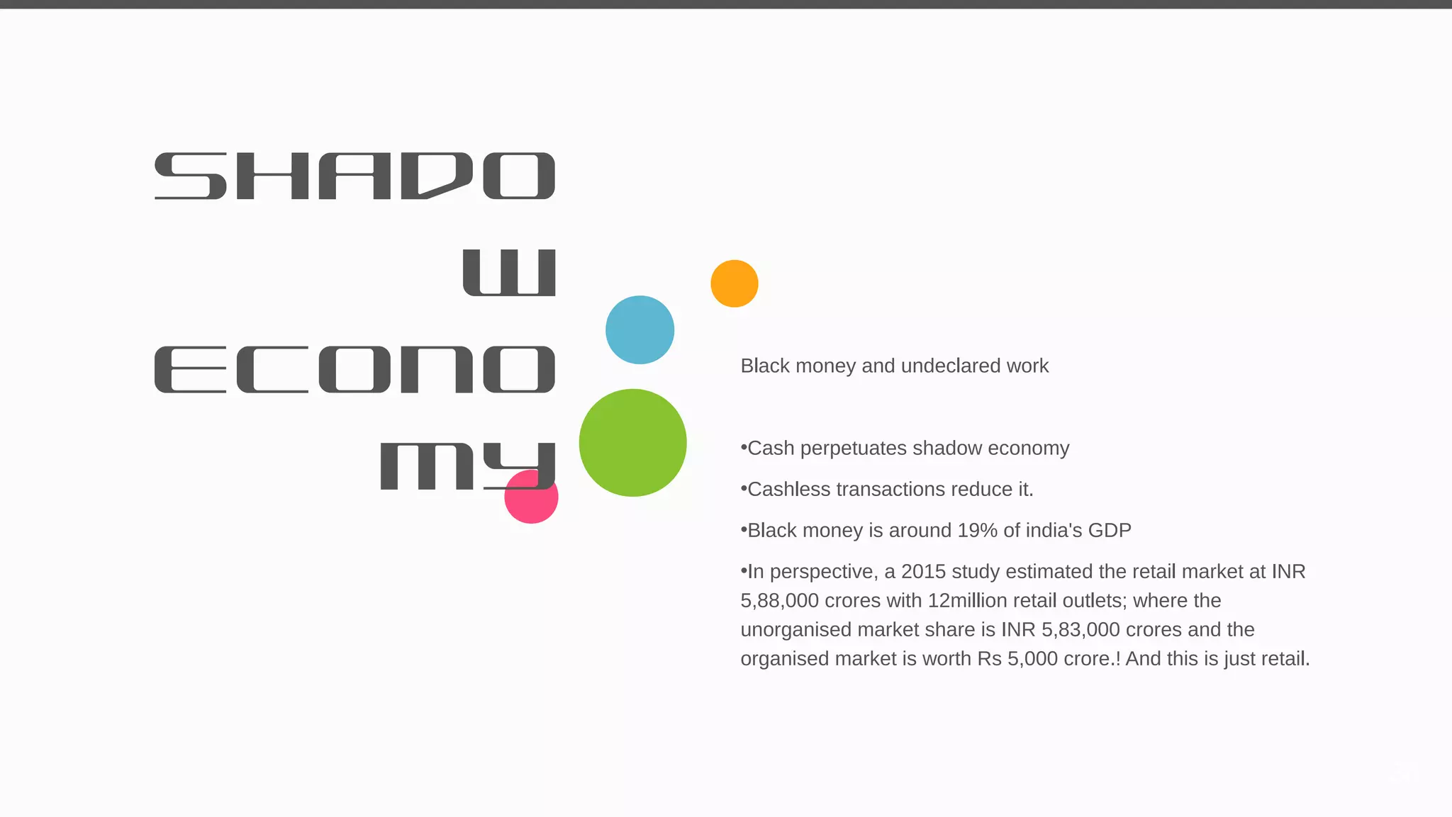 Shado
w
Econo
my
Black money and undeclared work
•Cash perpetuates shadow economy
•Cashless transactions reduce it.
•Black money is around 19% of india's GDP
•In perspective, a 2015 study estimated the retail market at INR
5,88,000 crores with 12million retail outlets; where the
unorganised market share is INR 5,83,000 crores and the
organised market is worth Rs 5,000 crore.! And this is just retail.
30
 