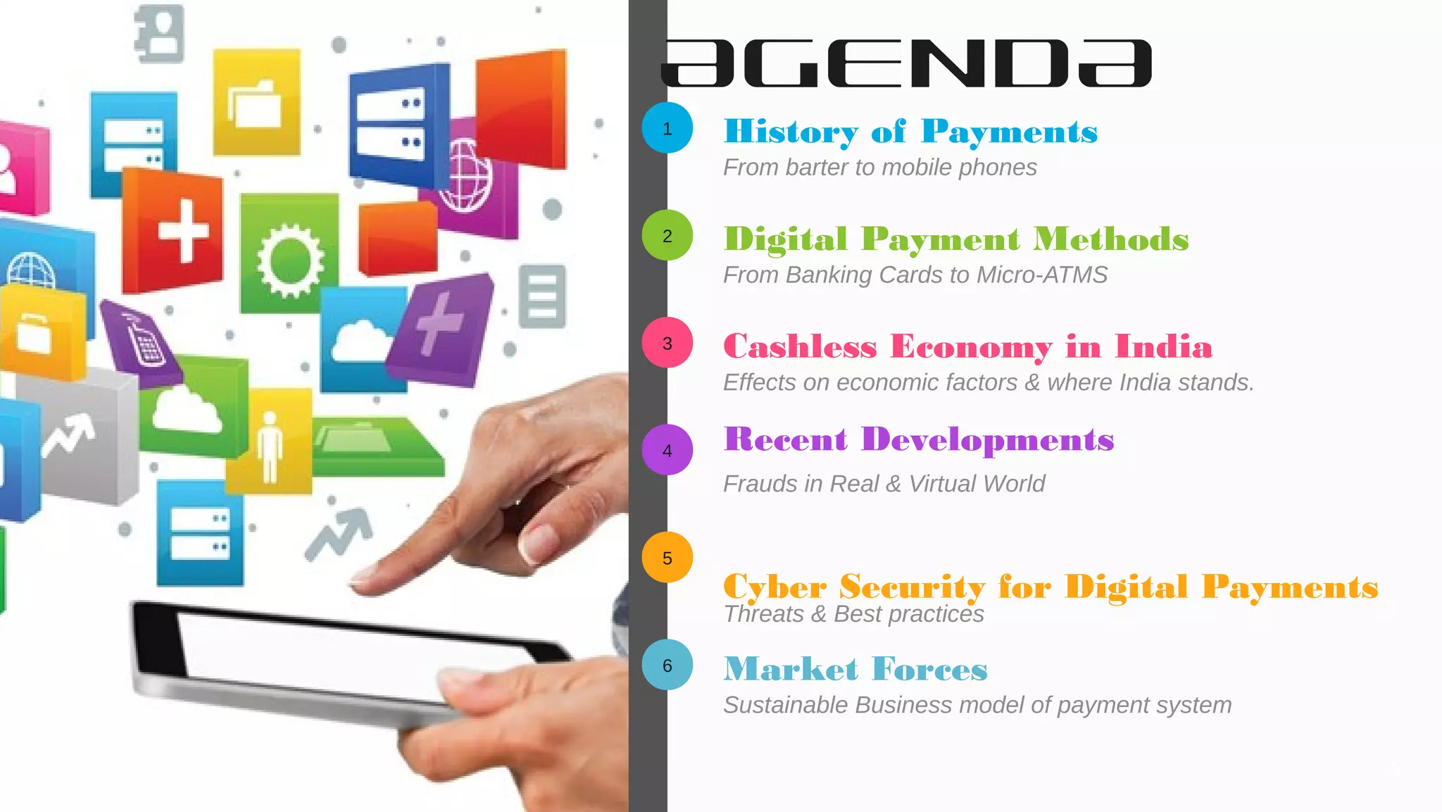 1
2
3
4
5
6
History of Payments
From barter to mobile phones
Market Forces
Sustainable Business model of payment system
Digital Payment Methods
From Banking Cards to Micro-ATMS
Cashless Economy in India
Effects on economic factors & where India stands.
Recent Developments
Frauds in Real & Virtual World
Cyber Security for Digital Payments
Threats & Best practices
4
AGENDA
 