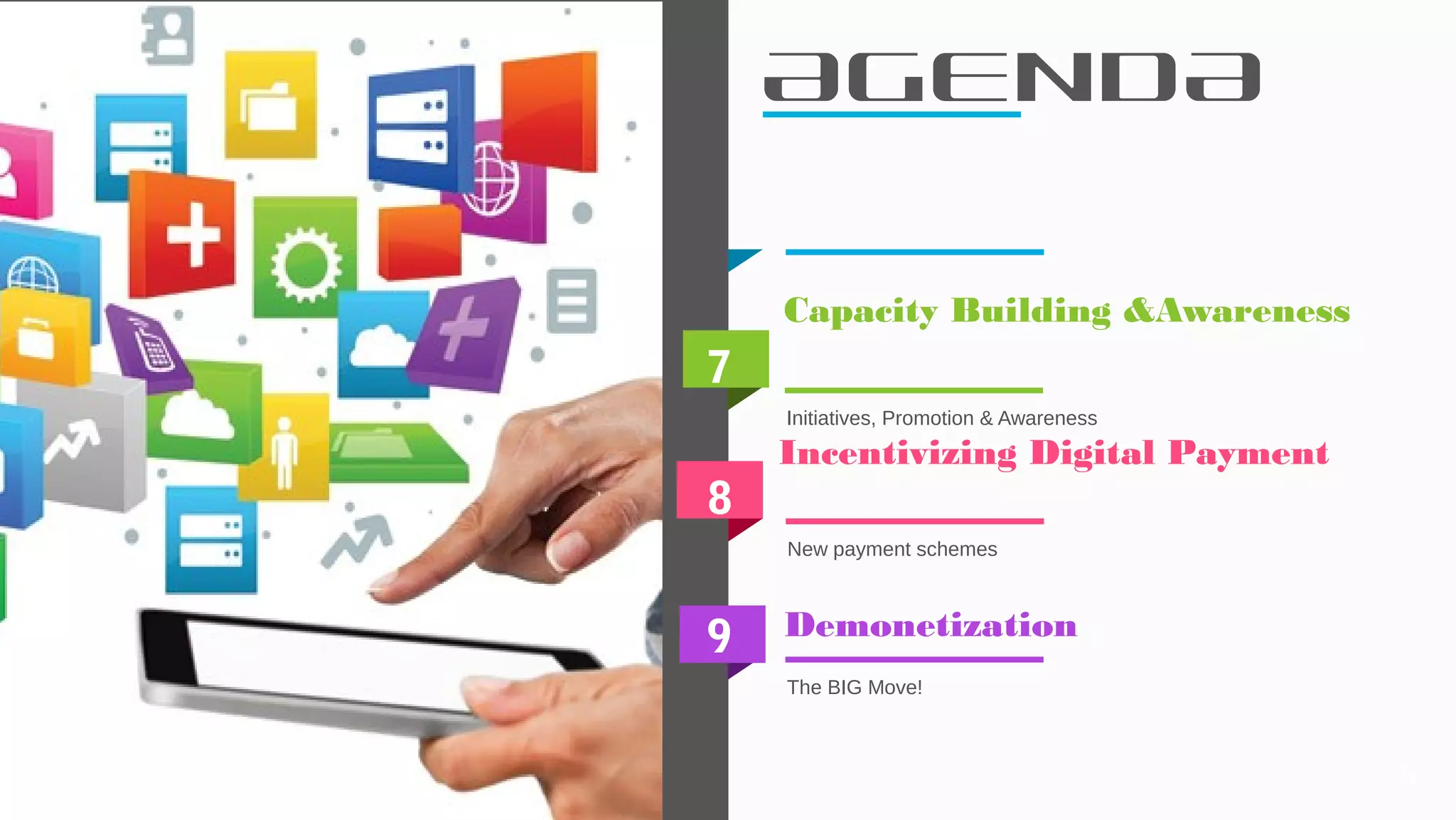 AGENDA
7
Capacity Building &Awareness
Initiatives, Promotion & Awareness
8
Incentivizing Digital Payment
New payment schemes
9 Demonetization
The BIG Move!
5
 