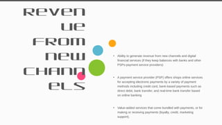 Reven
ue
from
new
chann
els
• Ability to generate revenue from new channels and digital
financial services (if they keep balances with banks and other
PSPs-payment service providers)
• A payment service provider (PSP) offers shops online services
for accepting electronic payments by a variety of payment
methods including credit card, bank-based payments such as
direct debit, bank transfer, and real-time bank transfer based
on online banking
• Value-added services that come bundled with payments, or for
making or receiving payments (loyalty, credit, marketing
support).
34
 