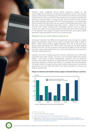 16 DIGITAL PAYMENTS ROADMAP: TOWARDS INCLUSIVE, ACCESSIBLE, EFFECTIVE AND SUSTAINABLE DIGITAL PAYMENTS IN SOUTH AFRICA
Another major challenge facing digital payments relates to the
under-usage of the Internet for payment purposes by those with Internet
access. According to FinScope, only 11% of adult South Africans with access
to the Internet use the Internet for financial services, including using Internet
banking, a banking app or insurance app, and only 6% use the Internet
for online shopping. Although 57% of the adult population use WhatsApp,
20% indicated that although they are aware of WhatsApp payments, only
4% have used the WhatsApp payments option. Without the necessary
Internet and mobile infrastructure, affordable Internet costs as well as
access and usage in the underserved and urbanised communities will result
in the adoption and usage of digital financial services, particularly digital
payments requiring digital connectivity, remaining low.
Mobile access and mobile payments
FinScope18
indicates that 98% of SA households have at least one mobile
phone. Smartphone usage among adults increased from 59% in 2021 to
66% in 2022, feature phone usage decreased from 4% to 3%, and basic
phone usage decreased from 30% to 28%. According to the 2021 Statista
Global Consumer Survey,19
access to the Internet by 68% of South Africans
provides a favourable opportunity to increase the digitisation of payments
through mobile payments.
However, the use of mobile payments remains relatively low at 21% when
compared with other African countries such as Kenya (84%) and Nigeria
(60%) – see Figure 4 below. Interestingly, countries with low levels of
Internet users show high levels of mobile payments usage. The high mobile
payments adoption in Kenya and Nigeria is in tandem with the prevalence
of mobile money in those countries, with mobile money account ownership
reported at just over 90% and 22% of the adult population in Kenya and
Nigeria respectively20
Figure 4: Internet and mobile money usage in selected African countries
19 https://www.statista.com/chart/27017/mobile-payment-in-africa/.
Morocco
Egypt
South Africa
Nigeria
Kenya
0
20
40
60
80
100
Figure 4: Percentage of internet users using mobile payments and
internet users as a share of population in selected African countries
Per cent
Sources: Statista Global Consumer Survey and World Bank
Internet users using mobile payments
Internet users as a percentage of the population
20 Global System for Mobile Communications Association, ‘State of the Industry Report on
Mobile Money’, 2023. https://www.gsma.com/mobilefordevelopment/resources/state-of-the0-
industry-report-on-mobile-money-2023-2/
18 A total of 5 604 adults were surveyed.
 