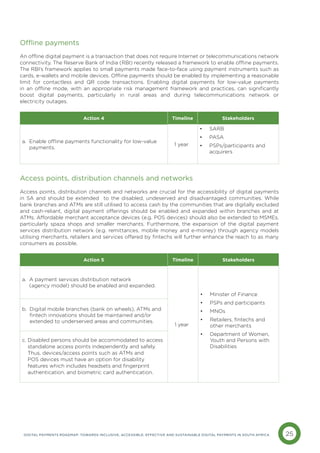 25
DIGITAL PAYMENTS ROADMAP: TOWARDS INCLUSIVE, ACCESSIBLE, EFFECTIVE AND SUSTAINABLE DIGITAL PAYMENTS IN SOUTH AFRICA
Offline payments
An offline digital payment is a transaction that does not require Internet or telecommunications network
connectivity. The Reserve Bank of India (RBI) recently released a framework to enable offline payments.
The RBI’s framework applies to small payments made face-to-face using payment instruments such as
cards, e-wallets and mobile devices. Offline payments should be enabled by implementing a reasonable
limit for contactless and QR code transactions. Enabling digital payments for low-value payments
in an offline mode, with an appropriate risk management framework and practices, can significantly
boost digital payments, particularly in rural areas and during telecommunications network or
electricity outages.
Access points, distribution channels and networks
Access points, distribution channels and networks are crucial for the accessibility of digital payments
in SA and should be extended to the disabled, undeserved and disadvantaged communities. While
bank branches and ATMs are still utilised to access cash by the communities that are digitally excluded
and cash-reliant, digital payment offerings should be enabled and expanded within branches and at
ATMs. Affordable merchant acceptance devices (e.g. POS devices) should also be extended to MSMEs,
particularly spaza shops and smaller merchants. Furthermore, the expansion of the digital payment
services distribution network (e.g. remittances, mobile money and e-money) through agency models
utilising merchants, retailers and services offered by fintechs will further enhance the reach to as many
consumers as possible.
Action 4 Timeline Stakeholders
a. 
Enable offline payments functionality for low-value
payments.
1 year
• SARB
• PASA
• PSPs/participants and
acquirers
Action 5 Timeline Stakeholders
a. 
A payment services distribution network
(agency model) should be enabled and expanded.
1 year
• Minister of Finance
• PSPs and participants
• MNOs
• Retailers, fintechs and
other merchants
• Department of Women,
Youth and Persons with
Disabilities
b. 
Digital mobile branches (bank on wheels), ATMs and
fintech innovations should be maintained and/or
extended to underserved areas and communities.
c. 
Disabled persons should be accommodated to access
standalone access points independently and safely.
Thus, devices/access points such as ATMs and
POS devices must have an option for disability
features which includes headsets and fingerprint
authentication, and biometric card authentication.
 