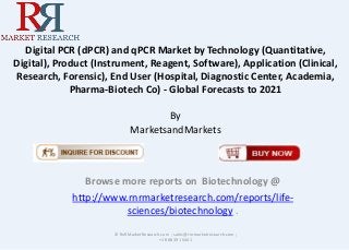 Digital PCR (dPCR) and qPCR Market by Technology (Quantitative,
Digital), Product (Instrument, Reagent, Software), Application (Clinical,
Research, Forensic), End User (Hospital, Diagnostic Center, Academia,
Pharma-Biotech Co) - Global Forecasts to 2021
By
MarketsandMarkets
Browse more reports on Biotechnology @
http://www.rnrmarketresearch.com/reports/life-
sciences/biotechnology .
© RnRMarketResearch.com ; sales@rnrmarketresearch.com ;
+1 888 391 5441
 