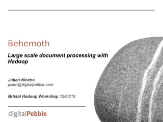 Behemoth
Large scale document processing with
Hadoop


Julien Nioche
julien@digitalpebble.com

Bristol Hadoop Workshop 10/03/10
 