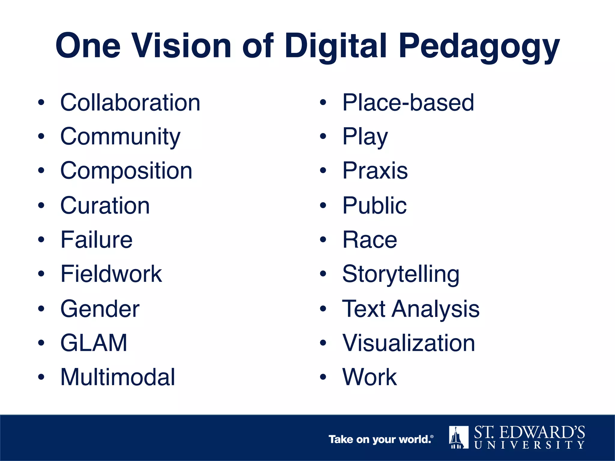 One Vision of Digital Pedagogy!
• 
• 
• 
• 
• 
• 
• 
• 
• 

Collaboration!
Community!
Composition!
Curation!
Failure!
Fieldwork!
Gender!
GLAM!
Multimodal!

• 
• 
• 
• 
• 
• 
• 
• 
• 

Place-based!
Play!
Praxis!
Public!
Race!
Storytelling !
Text Analysis!
Visualization!
Work!

 