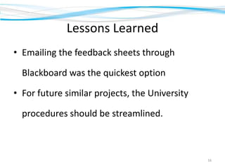 Lessons Learned
• Emailing the feedback sheets through
Blackboard was the quickest option
• For future similar projects, t...