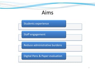 Aims
7
Students experience
Staff engagement
Reduce administrative burdens
Digital Pens & Paper evaluation
 