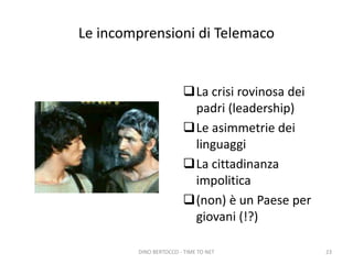 Le incomprensioni di Telemaco
La crisi rovinosa dei
padri (leadership)
Le asimmetrie dei
linguaggi
La cittadinanza
impo...