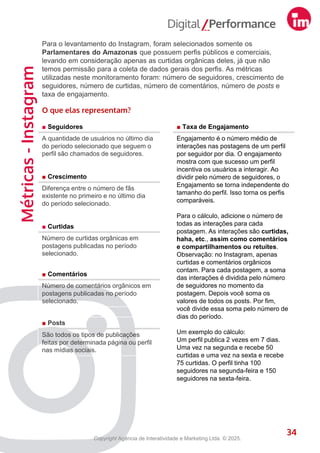 ■ Seguidores
A quantidade de usuários no último dia
do período selecionado que seguem o
perfil são chamados de seguidores.
■ Curtidas
Número de curtidas orgânicas em
postagens publicadas no período
selecionado.
■ Comentários
Número de comentários orgânicos em
postagens publicadas no período
selecionado.
■ Posts
São todos os tipos de publicações
feitas por determinada página ou perfil
nas mídias sociais.
Métricas
-
Instagram
34
Para o levantamento do Instagram, foram selecionados somente os
Parlamentares do Amazonas que possuem perfis públicos e comerciais,
levando em consideração apenas as curtidas orgânicas deles, já que não
temos permissão para a coleta de dados gerais dos perfis. As métricas
utilizadas neste monitoramento foram: número de seguidores, crescimento de
seguidores, número de curtidas, número de comentários, número de posts e
taxa de engajamento.
O que elas representam?
34
■ Taxa de Engajamento
Engajamento é o número médio de
interações nas postagens de um perfil
por seguidor por dia. O engajamento
mostra com que sucesso um perfil
incentiva os usuários a interagir. Ao
dividir pelo número de seguidores, o
Engajamento se torna independente do
tamanho do perfil. Isso torna os perfis
comparáveis.
Para o cálculo, adicione o número de
todas as interações para cada
postagem. As interações são curtidas,
haha, etc., assim como comentários
e compartilhamentos ou retuítes.
Observação: no Instagram, apenas
curtidas e comentários orgânicos
contam. Para cada postagem, a soma
das interações é dividida pelo número
de seguidores no momento da
postagem. Depois você soma os
valores de todos os posts. Por fim,
você divide essa soma pelo número de
dias do período.
Um exemplo do cálculo:
Um perfil publica 2 vezes em 7 dias.
Uma vez na segunda e recebe 50
curtidas e uma vez na sexta e recebe
75 curtidas. O perfil tinha 100
seguidores na segunda-feira e 150
seguidores na sexta-feira.
■ Crescimento
Diferença entre o número de fãs
existente no primeiro e no último dia
do período selecionado.
Copyright Agência de Interatividade e Marketing Ltda. © 2025.
 