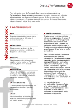 ■ Fãs
Quantidade de usuários que curtiram a
página, registrada no último dia do
período monitorado.
■ Comentários
Número de comentários escritos nas
postagens, incluindo os comentários
sobre esses comentários, publicados
no período selecionado.
■ Crescimento
Diferença entre o número de fãs
existente no primeiro e no último dia
do período selecionado.
■ Reações
São todas as opções possíveis de
reações em uma página no Facebook.
Ex.: curtir, haha, amei, raiva etc.
■ Compartilhamento
Quantidade de compartilhamentos das
postagens publicadas no período
selecionado.
■ Posts
São todos os tipos de publicações
feitas por determinada página ou perfil
nas mídias sociais.
Métricas
Facebook
5
■ Taxa de Engajamento
Engajamento é o número médio de
interações nas postagens de um perfil
por seguidor por dia. O engajamento
mostra com que sucesso um perfil
incentiva os usuários a interagir. Ao
dividir pelo número de seguidores, o
Engajamento se torna independente do
tamanho do perfil. Isso torna os perfis
comparáveis.
Para o cálculo, adicione o número de
todas as interações para cada
postagem. As interações são curtidas,
haha, etc., assim como comentários
e compartilhamentos ou retuítes.
Observação: no Instagram, apenas
curtidas e comentários orgânicos
contam. Para cada postagem, a soma
das interações é dividida pelo número
de seguidores no momento da
postagem. Depois você soma os
valores de todos os posts. Por fim,
você divide essa soma pelo número de
dias do período.
Um exemplo do cálculo:
Um perfil publica 2 vezes em 7 dias.
Uma vez na segunda e recebe 50
curtidas e uma vez na sexta e recebe
75 curtidas. O perfil tinha 100
seguidores na segunda-feira e 150
seguidores na sexta-feira.
Para o levantamento do Facebook, foram selecionados somente os
Parlamentares do Amazonas que possuem fanpages business. As métricas
utilizadas neste monitoramento foram: número de fãs, crescimento de fãs,
número de reações, número de comentários, número de compartilhamentos,
número de posts e taxa de engajamento.
O que elas representam?
05
Copyright Agência de Interatividade e Marketing Ltda. © 2025.
 