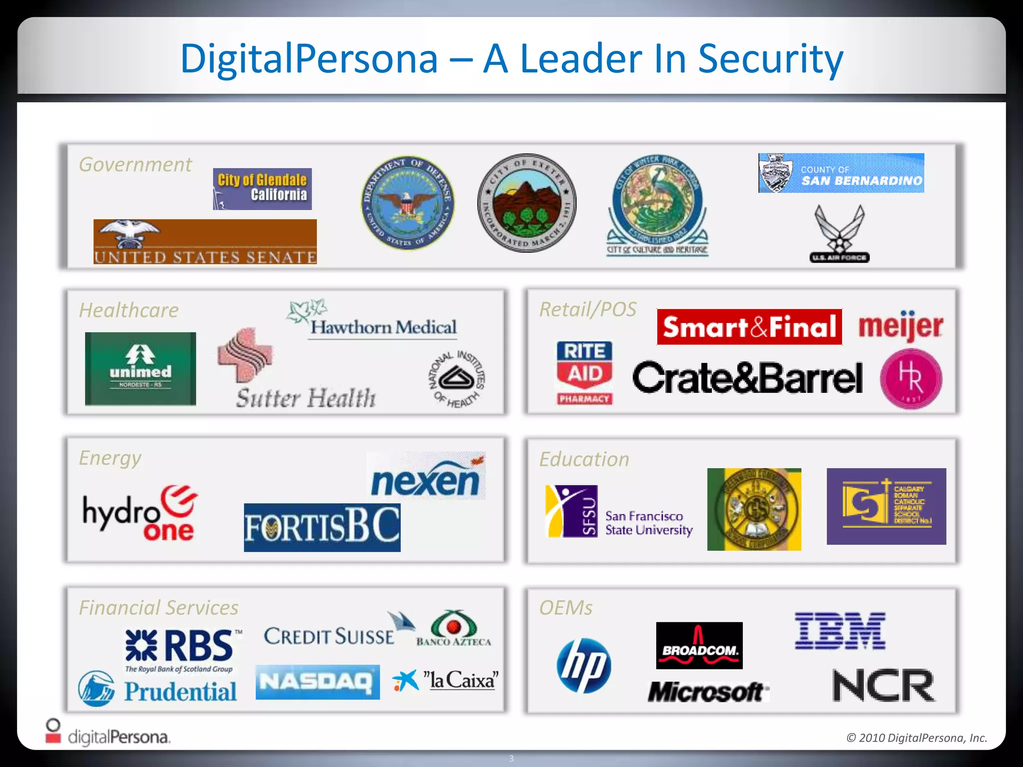DigitalPersona – A Leader In SecurityGovernmentRetail/POSHealthcareEnergyEducationFinancial ServicesOEMs