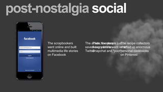 The scrapbookers
went online and built
multimedia life stories
on Facebook
The article hoarders
saved every link on
Twitter
social
Then, the people just
living real life went on to
Snapchat and *poof*
The recipe collectors
cheffed up enormous
personal cookbooks
on Pinterest
 