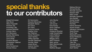 special thanks
to our contributors
Abigail Schmelzer
Alex Brock
Allison Pignatelli
Amanda Joly
Amardeep Lally
Andreas Reinbolz
Andrew Glenn
Ann Manousos
Brooke Glanzberg
Chris Devine
Chris Iafolla
Christina Blosser
Christopher Callahan
Dan Smith
Dave Sonderman
Duncan Arbour
Ed Hammerton
Eduardo Menendez
Elizabeth Stelzer
Eric Davis
Eric Sabo
Francine Carrick
Heather Irvine
Ilya Tetelman
James Tomasino
Jason Sankey
Jeffrey Giermek
Jennifer Fleishman
Jennifer Oleski
Jessie Brown
Joanna Voorhis
Joe Desalvo
John Mucha
Joy Hart
Juli Cavnar
Kara Kinsey
Kevin Coleman
Kevin Nalty
Kristianne Shanker
Leigh Householder
Liana Federico
Logan Cooper
Maggie Janco
Marci Piasecki
Mark Jazvac
Mark Stechschulte
Matt Mizer
Matthew Bergen
Melissa Morrow
Michael Bonilla
Michelle Casciola
Naseem Allaf
Nate Lemke
Nicholas Capanear
Nick Bartlett
Nicole Sordell
Nina Bressau
Pat Etter
Patrick Richards
Rupert Dooley
Salvatore Cannizzaro
Sarah Brown
Scott Page
Stephanie Jones
Susan Perlbachs
Tom Callan
Tom Mullins
Tyler Sax
Vaneeta Verma
Vanessa Rivera
Zach Gerber
 