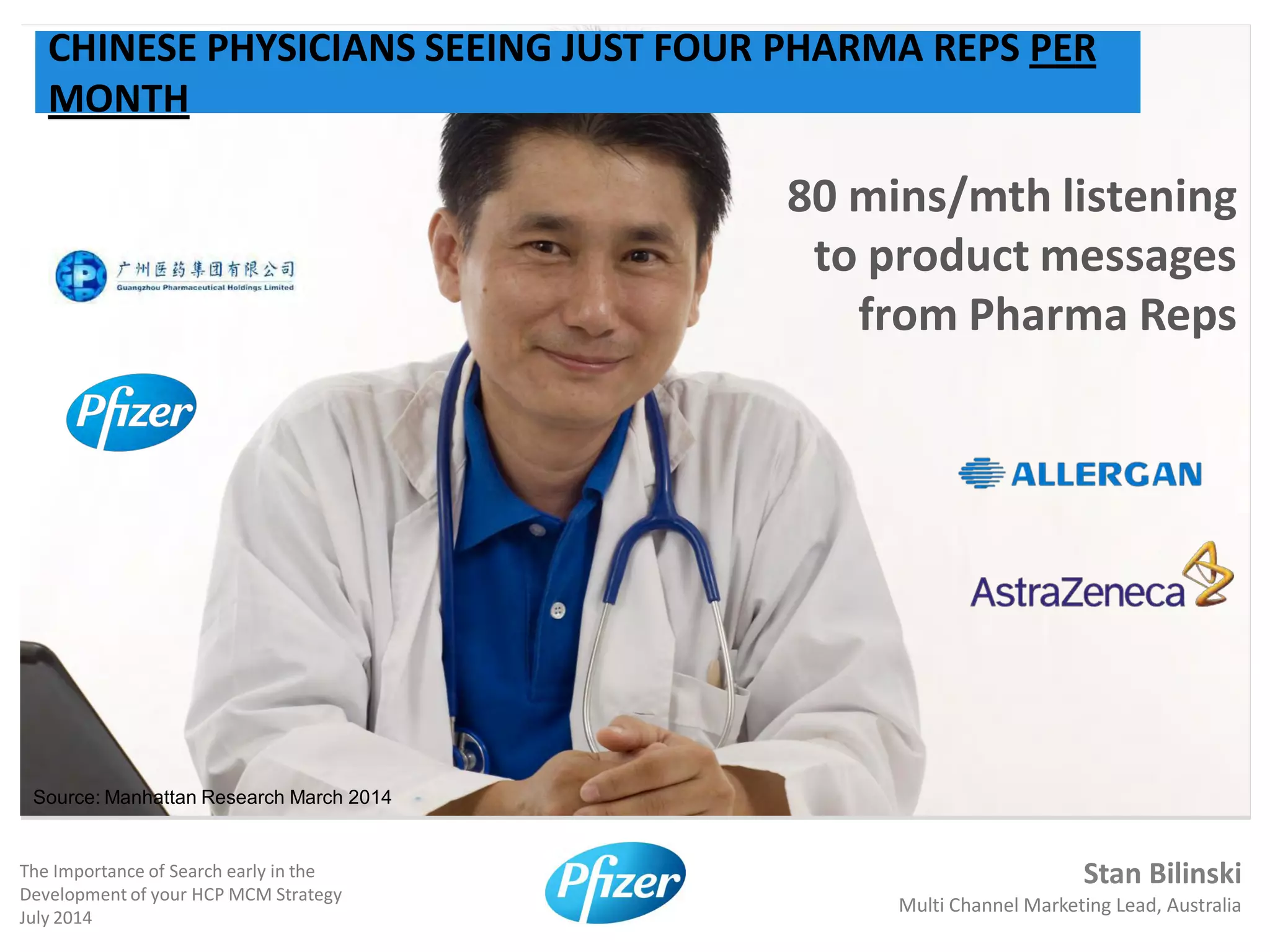 Stan Bilinski
Multi Channel Marketing Lead, Australia
The Importance of Search early in the
Development of your HCP MCM Strategy
July 2014
CHINESE PHYSICIANS SEEING JUST FOUR PHARMA REPS PER
MONTH
Source: Manhattan Research March 2014
80 mins/mth listening
to product messages
from Pharma Reps
 