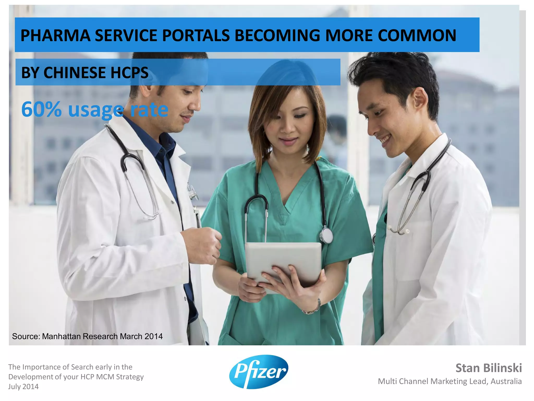 Stan Bilinski
Multi Channel Marketing Lead, Australia
The Importance of Search early in the
Development of your HCP MCM Strategy
July 2014
PHARMA SERVICE PORTALS BECOMING MORE COMMON
BY CHINESE HCPS
60% usage rate
Source: Manhattan Research March 2014
 