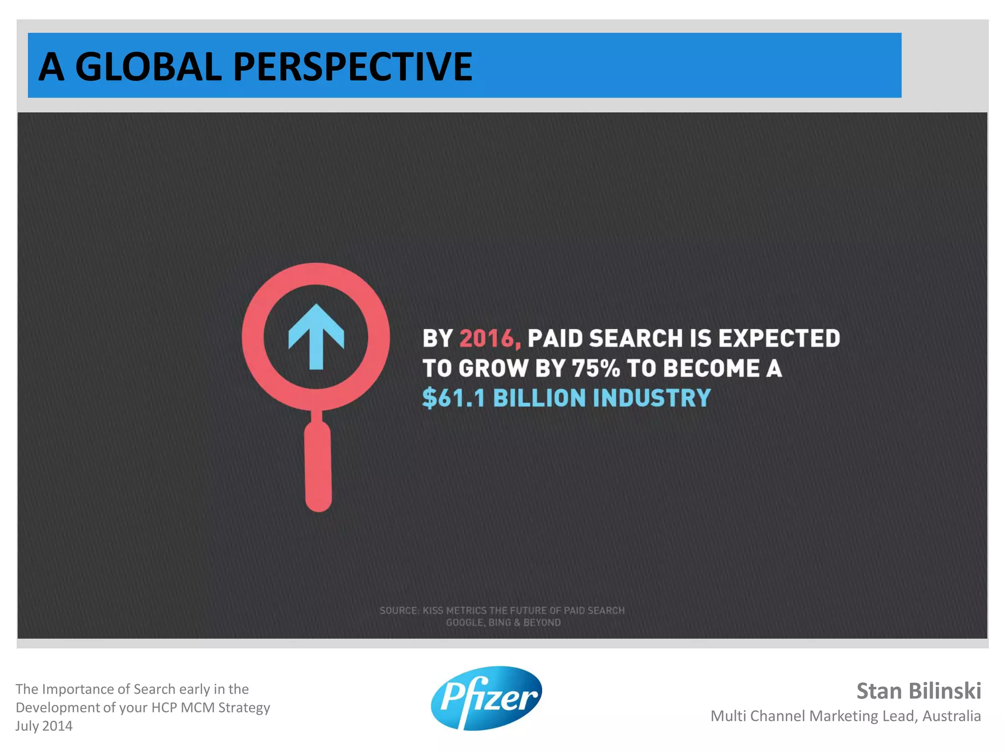 Stan Bilinski
Multi Channel Marketing Lead, Australia
The Importance of Search early in the
Development of your HCP MCM Strategy
July 2014
A GLOBAL PERSPECTIVE
 