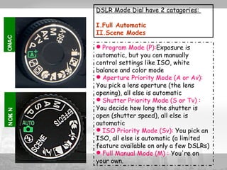 DSLR Mode Dial have 2 catagories: 
I.Full Automatic 
II.Scene Modes 
NOKI N NONAC 
Program Mode (P):Exposure is 
automatic, but you can manually 
control settings like ISO, white 
balance and color mode 
Aperture Priority Mode (A or Av): 
You pick a lens aperture (the lens 
opening), all else is automatic 
Shutter Priority Mode (S or Tv) : 
You decide how long the shutter is 
open (shutter speed), all else is 
automatic 
ISO Priority Mode (Sv): You pick an 
ISO, all else is automatic (a limited 
feature available on only a few DSLRs) 
Full Manual Mode (M) : You're on 
your own. 
 