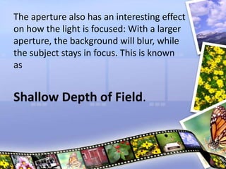 The aperture also has an interesting effect
on how the light is focused: With a larger
aperture, the background will blur, while
the subject stays in focus. This is known
as
Shallow Depth of Field.
 