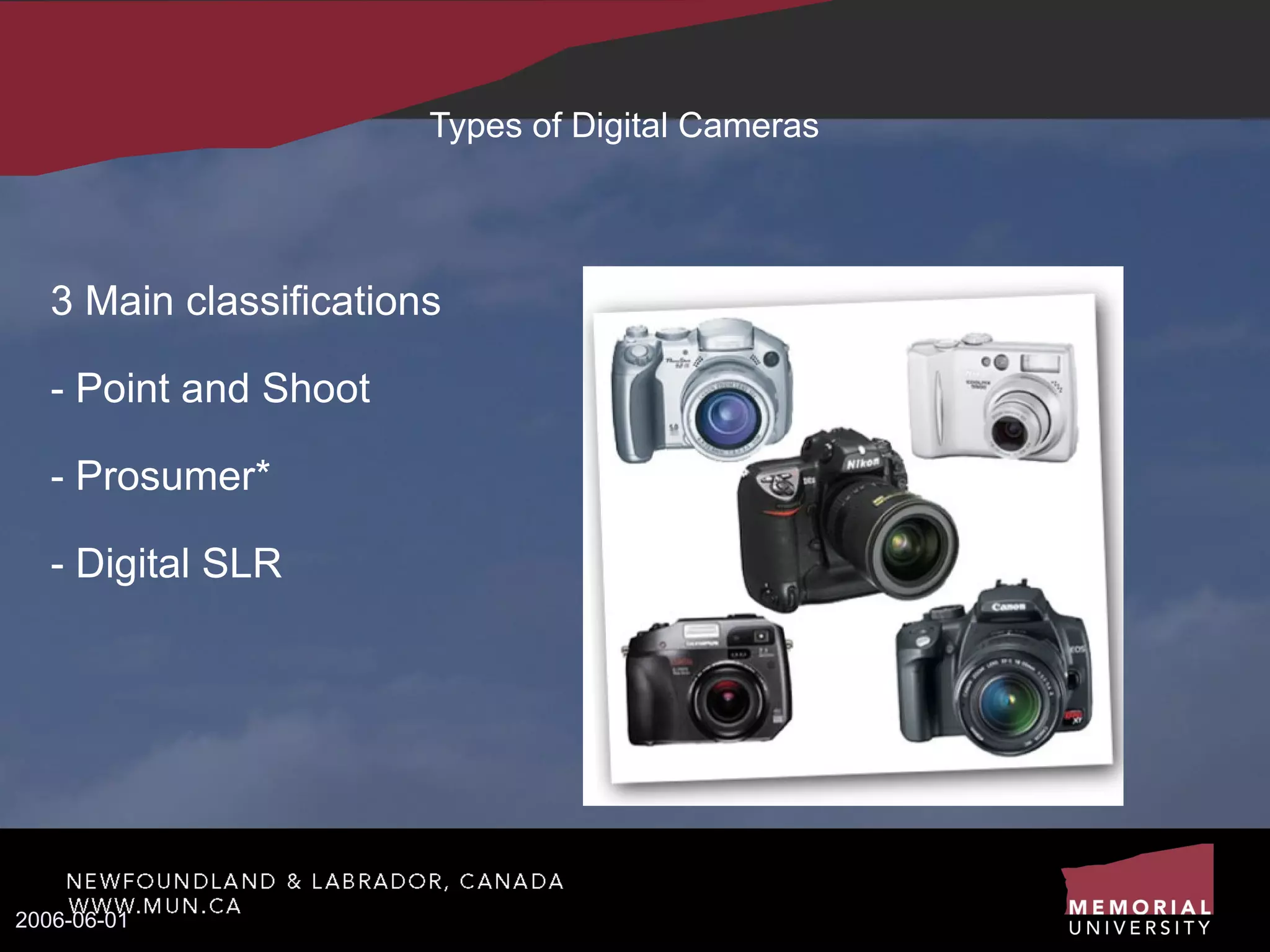 Types of Digital Cameras 3 Main classifications - Point and Shoot - Prosumer* - Digital SLR 2006-06-01 