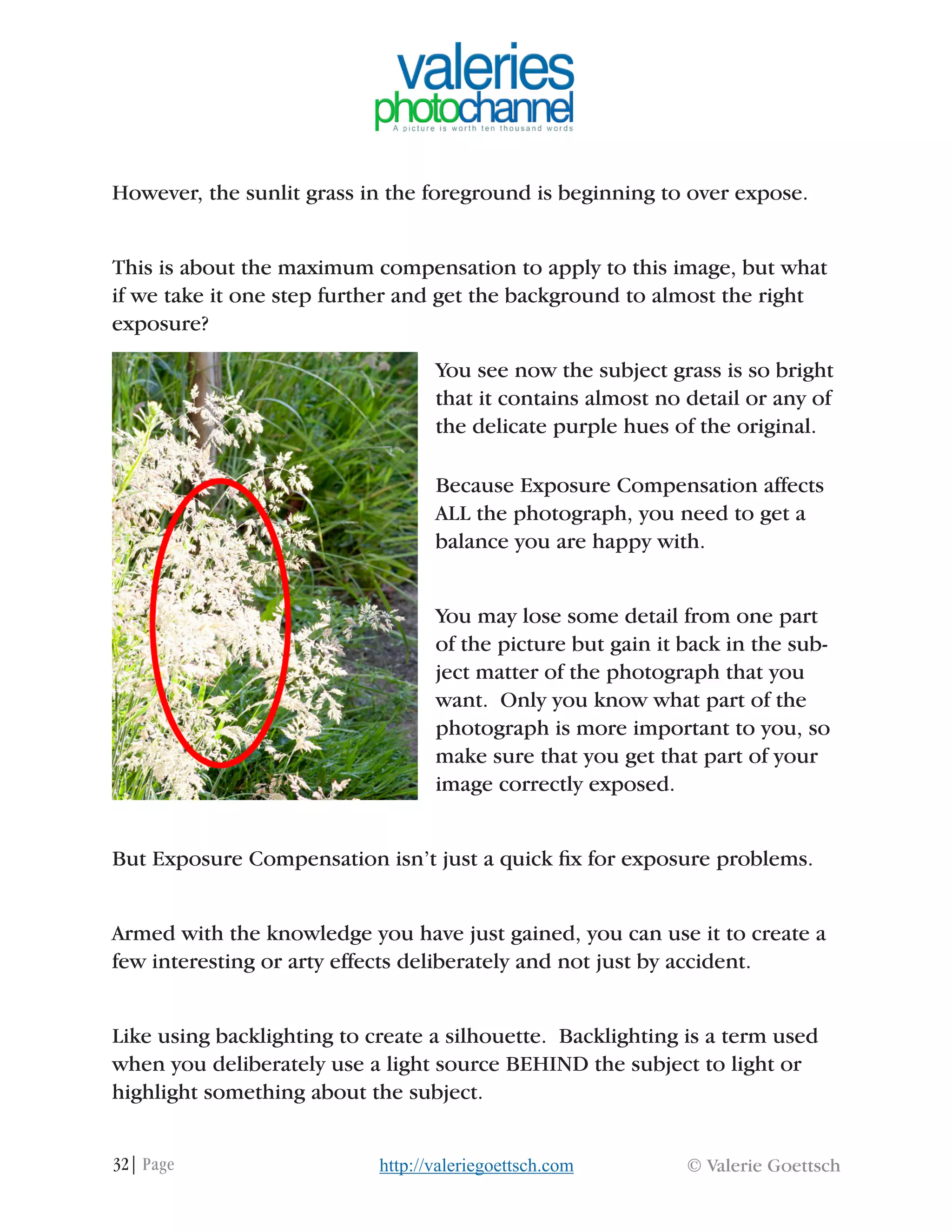 32| Page © Valerie Goettschhttp://valeriegoettsch.com
However, the sunlit grass in the foreground is beginning to over expose.
This is about the maximum compensation to apply to this image, but what
if we take it one step further and get the background to almost the right
exposure?
You see now the subject grass is so bright
that it contains almost no detail or any of
the delicate purple hues of the original.
Because Exposure Compensation affects
ALL the photograph, you need to get a
balance you are happy with.
You may lose some detail from one part
of the picture but gain it back in the sub-
ject matter of the photograph that you
want. Only you know what part of the
photograph is more important to you, so
make sure that you get that part of your
image correctly exposed.
But Exposure Compensation isn’t just a quick fix for exposure problems.
Armed with the knowledge you have just gained, you can use it to create a
few interesting or arty effects deliberately and not just by accident.
Like using backlighting to create a silhouette. Backlighting is a term used
when you deliberately use a light source BEHIND the subject to light or
highlight something about the subject.
 