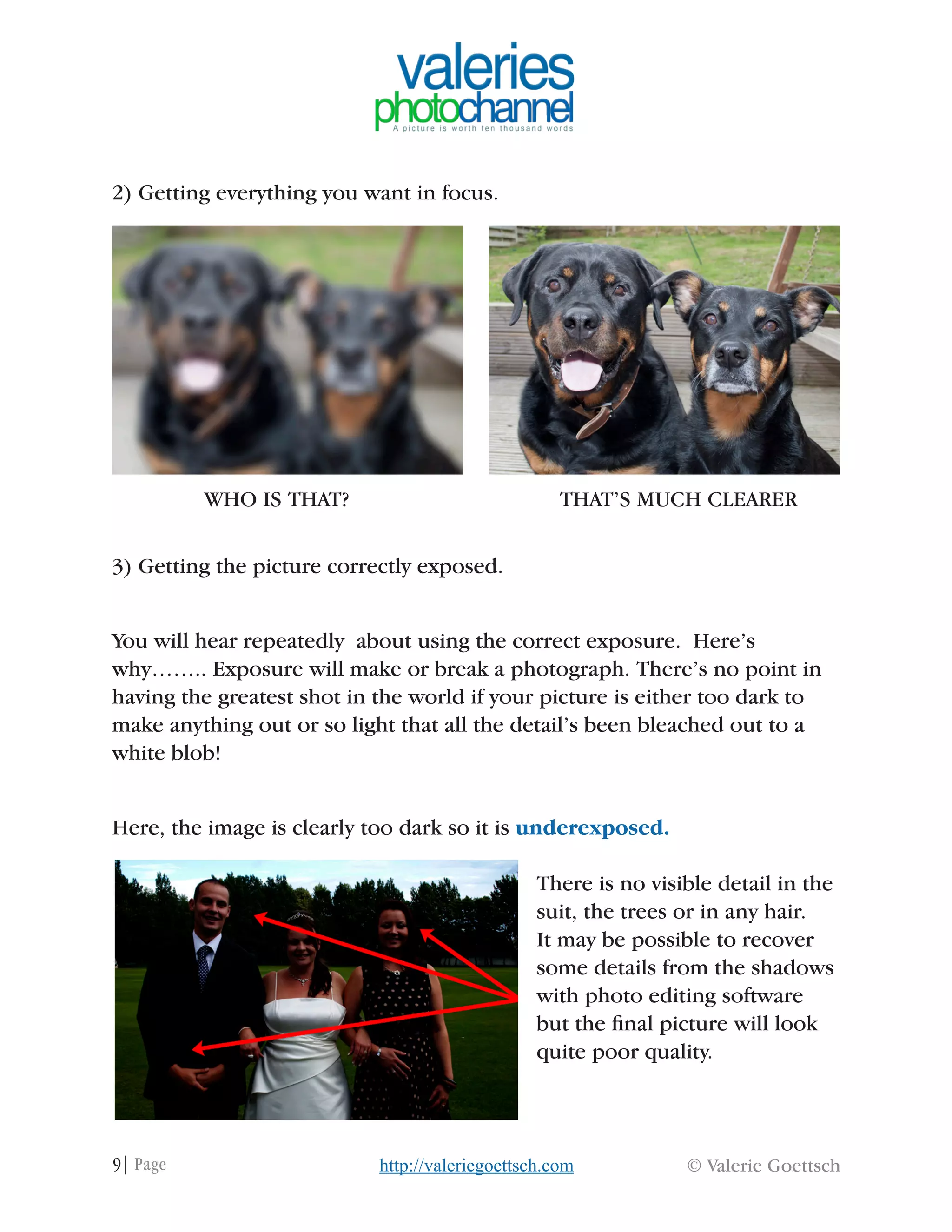 9| Page © Valerie Goettschhttp://valeriegoettsch.com
2) Getting everything you want in focus.
3) Getting the picture correctly exposed.
You will hear repeatedly about using the correct exposure. Here’s
why…….. Exposure will make or break a photograph. There’s no point in
having the greatest shot in the world if your picture is either too dark to
make anything out or so light that all the detail’s been bleached out to a
white blob!
Here, the image is clearly too dark so it is underexposed.
There is no visible detail in the
suit, the trees or in any hair.
It may be possible to recover
some details from the shadows
with photo editing software
but the final picture will look
quite poor quality.
WHO IS THAT? THAT’S MUCH CLEARER
 