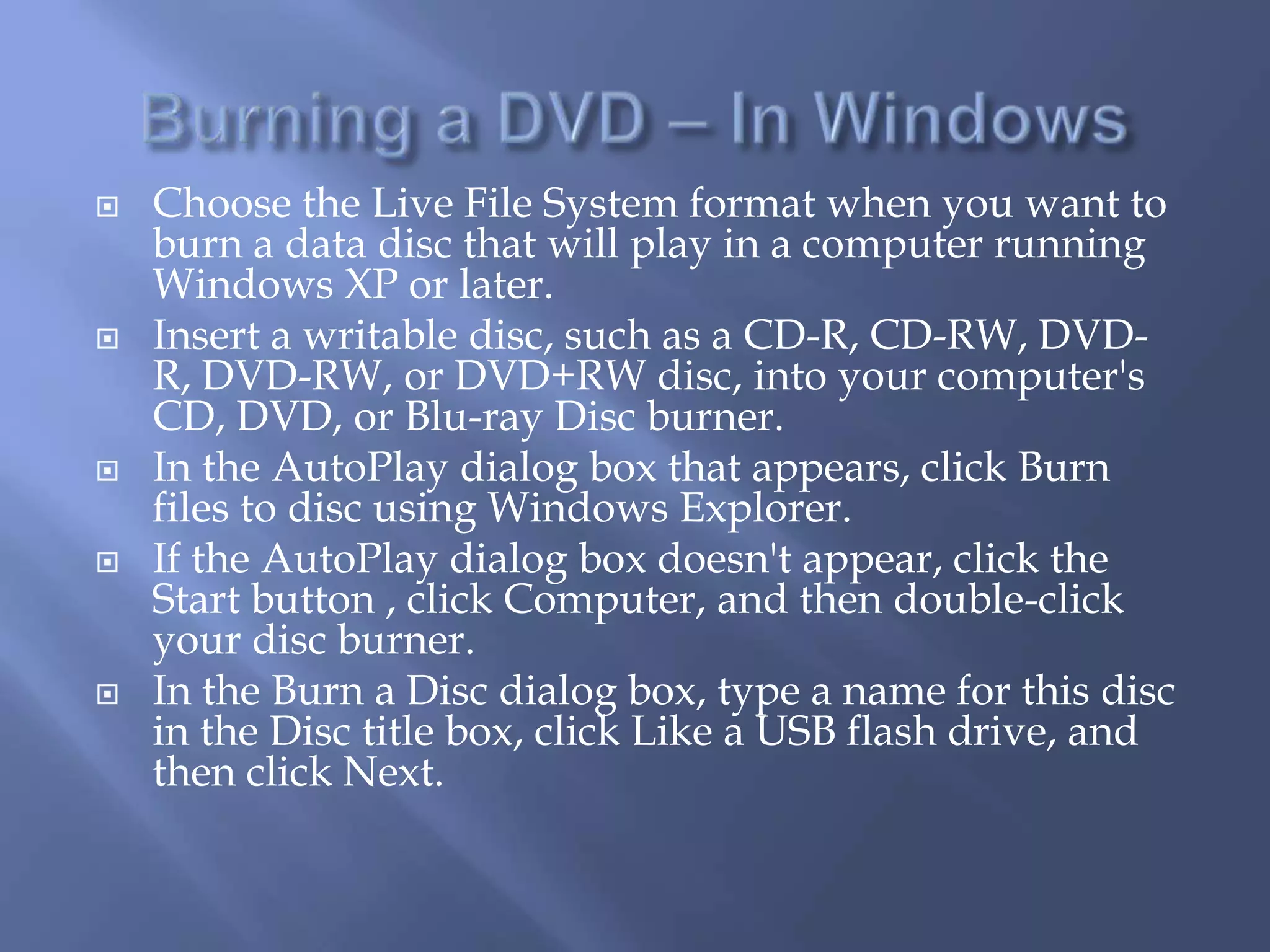 This will bring you to the Burning Screen if Show  is Complete hit next and Movie Maker will create the  Show onto  DVDBurns the Finalizes Project then puts it on dvd for viewing you can then Save Project on Hard Drive to Use or Edit later