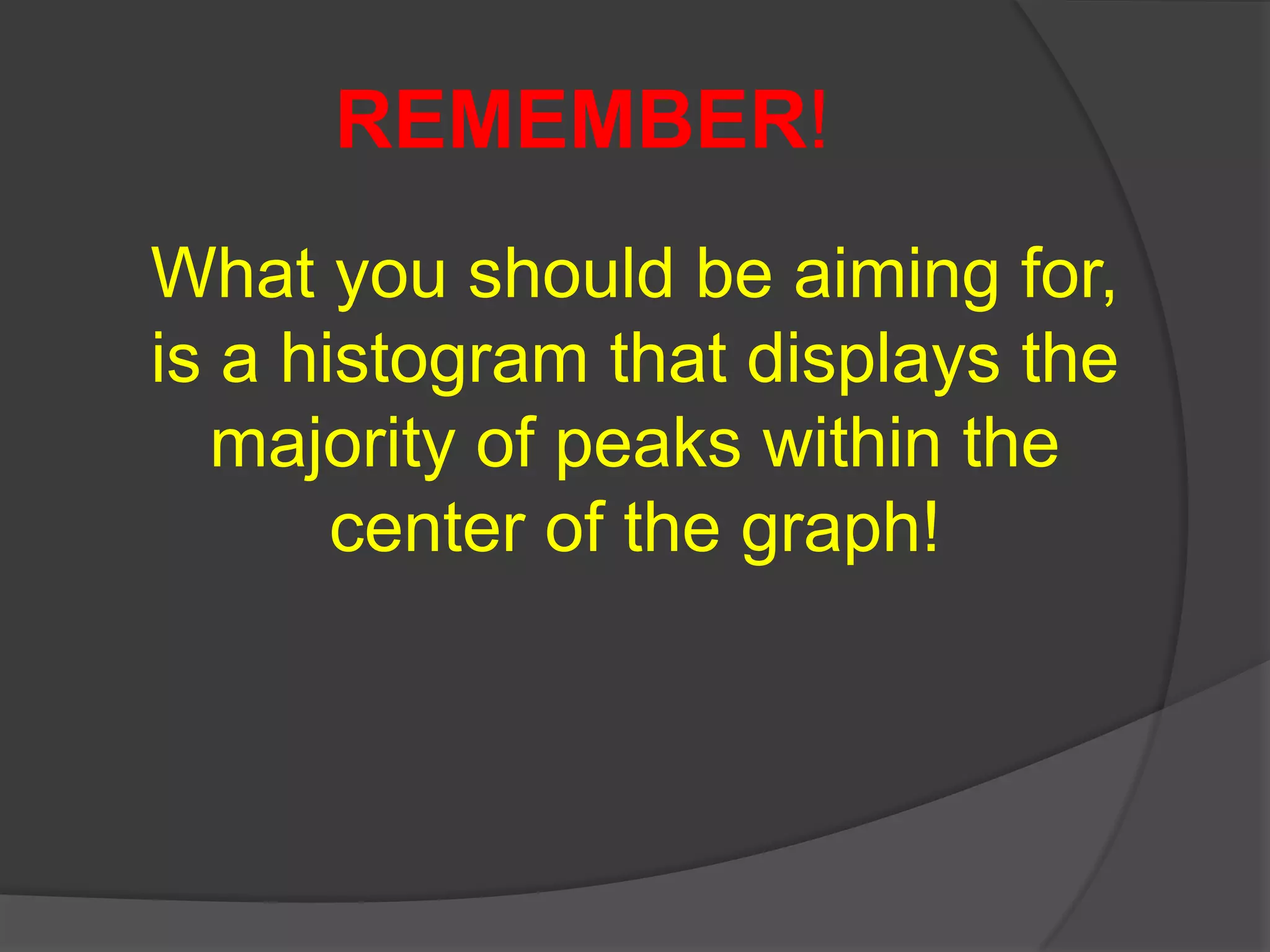 REMEMBER!
What you should be aiming for,
is a histogram that displays the
  majority of peaks within the
       center of the graph!
 