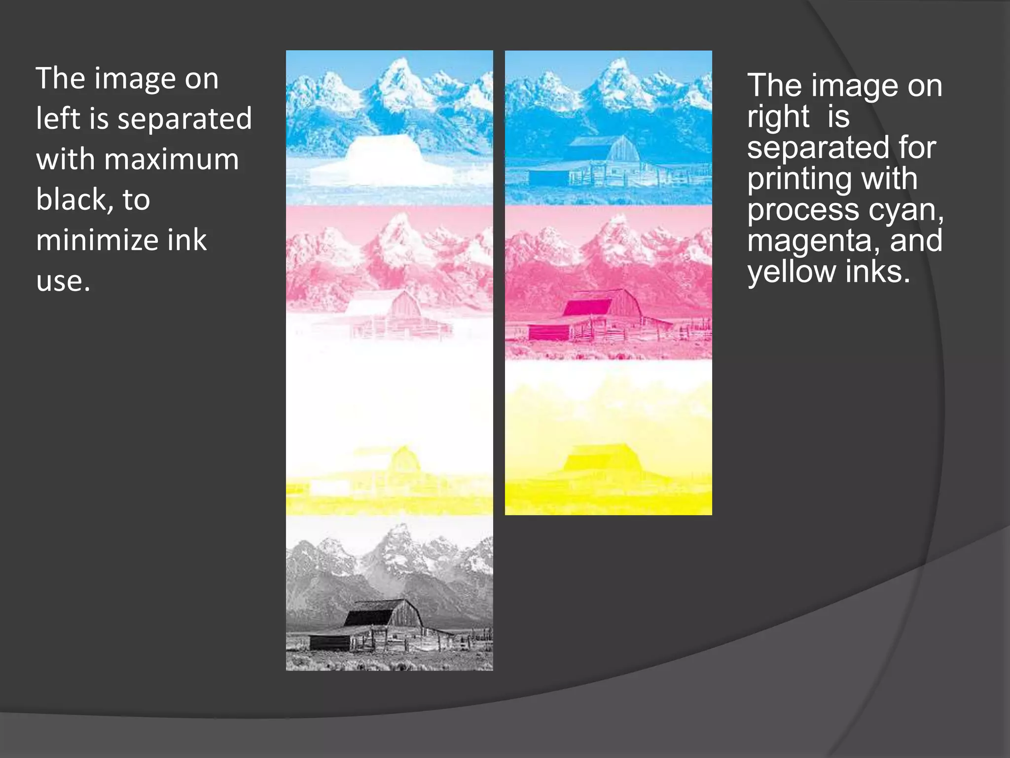 The image on        The image on
left is separated   right is
with maximum        separated for
                    printing with
black, to           process cyan,
minimize ink        magenta, and
use.                yellow inks.
 