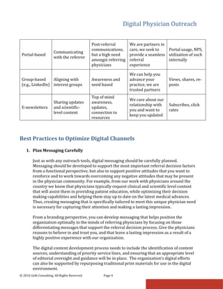 Digital Physician Outreach
© 2016 Gelb Consulting. All Rights Reserved. Page 4
Portal-based
Communicating
with the referrer
Post-referral
communications,
but a high need
amongst referring
physicians
We are partners in
care, we seek to
provide a seamless
referral
experience
Portal usage, NPS,
utilization of such
internally
Group-based
(e.g., LinkedIn)
Aligning with
interest groups
Awareness and
need based
We can help you
advance your
practice, we are
trusted partners
Views, shares, re-
posts
E-newsletters
Sharing updates
and scientific-
level content
Top of mind
awareness,
updates,
connection to
resources
We care about our
relationship with
you and want to
keep you updated
Subscribes, click
rates
Best Practices to Optimize Digital Channels
1. Plan Messaging Carefully
Just as with any outreach tools, digital messaging should be carefully planned.
Messaging should be developed to support the most important referral decision factors
from a functional perspective, but also to support positive attitudes that you want to
reinforce and to work towards overcoming any negative attitudes that may be present
in the physician community. For example, from our work with physicians around the
country we know that physicians typically request clinical and scientific level content
that will assist them in providing patient education, while optimizing their decision
making capabilities and helping them stay up to date on the latest medical advances.
Thus, creating messaging that is specifically tailored to meet this unique physician need
is necessary for capturing their attention and making a lasting impression.
From a branding perspective, you can develop messaging that helps position the
organization optimally in the minds of referring physicians by focusing on those
differentiating messages that support the referral decision process. Give the physicians
reasons to believe in and trust you, and that leave a lasting impression as a result of a
highly positive experience with our organization.
The digital content development process needs to include the identification of content
sources, understanding of priority service lines, and ensuring that an appropriate level
of editorial oversight and guidance will be in place. The organization’s digital efforts
can also be supported by repurposing traditional print materials for use in the digital
environment.
 