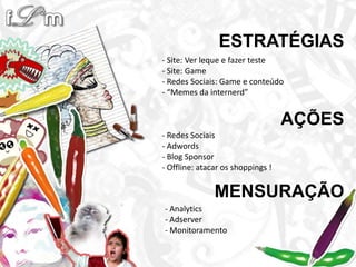 ESTRATÉGIAS- Site: Ver leque e fazer teste- Site: Game- Redes Sociais: Game e conteúdo- “Memes da internerd”AÇÕES- Redes Sociais- Adwords- Blog Sponsor- Offline: atacar os shoppings !MENSURAÇÃO- Analytics- Adserver- Monitoramento