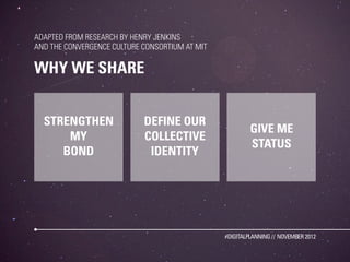 ADAPTED FROM RESEARCH BY HENRY JENKINS
AND THE CONVERGENCE CULTURE CONSORTIUM AT MIT

WHY WE SHARE


  STRENGTHEN                DEFINE OUR
                                                         GIVE ME
      MY                    COLLECTIVE
                                                         STATUS
     BOND                    IDENTITY




                                                #DIGITALPLANNING // NOVEMBER 2012
 
