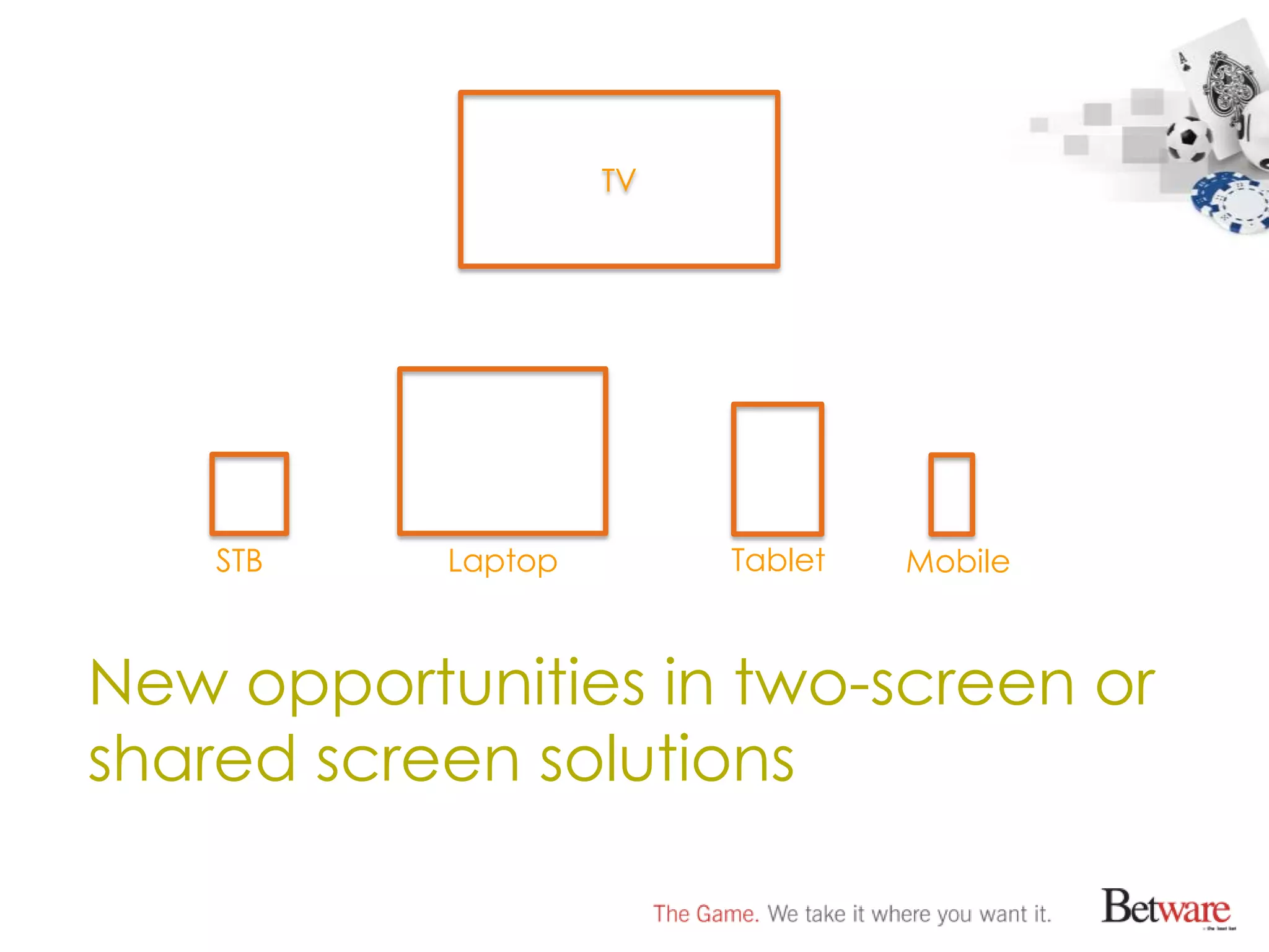 TV




    STB    Laptop        Tablet   Mobile



New opportunities in two-screen or
shared screen solutions
 