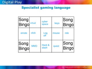 Specialist gaming language http://www.youtube.com/watch?v=urNyg1ftMIU   emote virtual click mouse keys MMO Log off cyber space Hack & slash quest role 