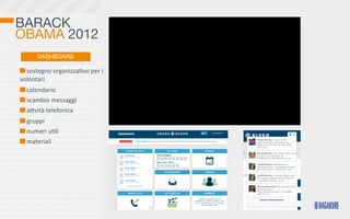 BARACK
OBAMA 2012
         DASHBOARD

  	
  sostegno	
  organizza>vo	
  per	
  i	
  
volontari
  	
  calendario
  	
  scambio	
  messaggi
  	
  aKvità	
  telefonica
  	
  gruppi
  	
  numeri	
  u>li
  	
  materiali
 