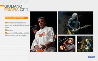 GIULIANO
PISAPIA 2011

CULTURA/SPETTACOLO

  	
  mobilitazione	
  eleKorale,	
  
primi	
  per	
  un	
  progeKo	
  di	
  nuova	
  
ciKà
  	
  incontri
  	
  concer>:	
  Milano	
  Libera	
  Tuo,	
  
Èvento,	
  elezione	
  30	
  maggio
 