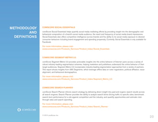 Methodology     comScore social Essentials

          and   comScore Social Essentials helps quantify social media marketing efforts by providing insight into the demographic and
                behavioral composition of a brand’s social media audience, the reach and frequency of social media brand impressions.
  definitions   Social Essentials also offers competitive intelligence across brands and the ability to tie social media exposure to desired
                consumer behaviors including brand engagement and spending propensity. Currently, Social Essentials is only available for
                Facebook.

                For more information, please visit:
                www.comscore.com/Products_Services/Product_Index/Social_Essentials



                comScore Segment Metrix 2.0

                comScore Segment Metrix 2.0 provides actionable insights into the online behavior of Internet users across a variety of
                robust industry-leading segmentation schemes, helping marketers and publishers understand the online behavior of their
                target audiences. Segment Metrix 2.0 incorporates industry-leading segmentation approaches from a variety of partners.
                This report shows insights from i360 Segments, which leverage offline data on voter registration, political affiliation, issue
                alignment, and behavioral demographics.

                For more information, please visit:
                www.comscore.com/Products_Services/Product_Index/Segment_Metrix_2.0



                comScore Search Planner

                comScore Search Planner informs search strategy by delivering direct insight into paid and organic search results across
                all search engines. Search Planner provides the ability to analyze search terms driving traffic to specific sites, benchmark
                search-term performance for a site against competition and the industry, and quantify opportunities and estimate click-
                through rates and search spending.

                For more information, please visit:
                www.comscore.com/Products_Services/Product_Index/Search_Planner




                                                                                                                                                 20
                © 2012 comScore, Inc.
 