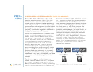 SOCIAL   #2 Social Media Delivers Valuable Exposure for Campaigns
 MEDIA   Social media’s ubiquity and rise in popularity in recent        Democratic social strategies to date demonstrates how and
         years have largely contributed to shaping a more social         why it needs to be considered along with each of the other
         environment online – not just among friends, but also           more established media channels. Like other mass media,
         between brands and consumers as well as candidates and          social media has the ability to reach an audience and deliver
         voters. Today, social media has become an integral part of      an impression with the ability to persuade a voter’s opinion
         the political media landscape, growing as a primary channel     and compel them to act. What has not traditionally been
         for campaigns to reach out to their constituents, provide       understood is the scale at which social media can reach
         open lines of communication, and weigh in on the issues of      prospective audiences and how it may actually influence the
         the day (when they can’t get on TV, of course).                 behavior of those reached. The following data reveal how
                                                                         campaigns can capitalize on ‘earned’ media impressions
         Through social media, a wider group of voters have found        through Facebook that can be similar in scale – and in
         a way of more actively engaging in political discussion,        some cases much larger – than the number of impressions
         debates, and issue advocacy. Whereas people may once            delivered by their paid display ad campaigns. Earned
         have gathered in small groups to share their political          impressions are defined as advertising messages people
         opinions, they are now able to do the same with a broader       pass on to their friends and associates via social networks,
         number of people online by simply writing a post and            functioning as bonus advertising providing additional
         clicking a link to share these with friends. As a result, in    exposures at no added cost.
         addition to (and in some cases in place of) the political
         conversations that typically take place in small groups
         around office watercoolers, similar conversations now take
         place on people’s Facebook timelines and Twitter feeds,
                                                                         26.1  MILLION    2.4 MILLION         1.6 MILLION 281,000
         giving birth to the “digital watercooler.” The true power of    Facebook Fans    Site Visitors       Facebook Fans    Site Visitors
         the “digital watercooler,” however, is the ability to amplify
         these debates – which used to occur between a few people
         – to dozens or even hundreds of people in one’s social                 Barack Obama                         Mitt Romney
         networks.

         Beyond merely engaging a core base of supporters,
         however, campaigns have also found value in social media
         as a means for reaching a broader prospective audience.
         Although social media continues to evolve as an advertising     Source: comScore Media Metrix, U.S., Mar-2012, and Facebook, Apr-2012
         channel, a comScore analysis of both the Republican and


                                                                                                                                                 7
 