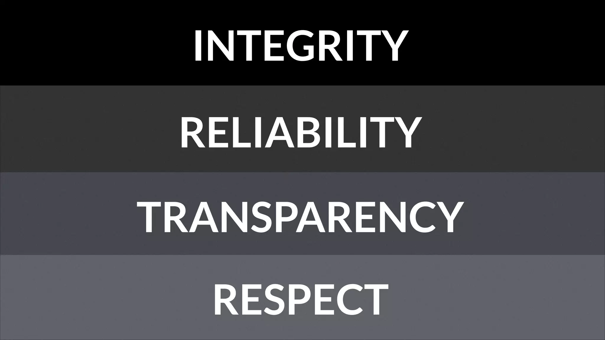 INTEGRITY
RELIABILITY
TRANSPARENCY
RESPECT

 