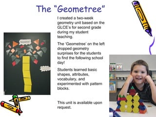 The “Geometree” I created a two-week geometry unit based on the GLCE’s for second grade during my student teaching.  The ‘Geometree’ on the left dropped geometry surprises for the students to find the following school day! Students learned basic shapes, attributes, vocabulary, and experimented with pattern blocks.  This unit is available upon request.  