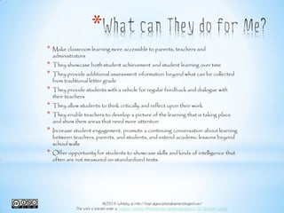*
* Make classroom learning more accessible to parents, teachers and
administrators
* They showcase both student achievement and student learning over time
* They provide additional assessment information beyond what can be collected
from traditional letter grade
* They provide students with a vehicle for regular feedback and dialogue with
their teachers
* They allow students to think critically and reflect upon their work
* They enable teachers to develop a picture of the learning that is taking place
and show them areas that need more attention
* Increase student engagement, promote a continuing conversation about learning
between teachers, parents, and students, and extend academic lessons beyond
school walls
* Offer opportunity for students to showcase skills and kinds of intelligence that
often are not measured on standardized tests.
@2013 A. Whiteley at http://toad-allyexceptionallearners.blogspot.com/
This work is licensed under a Creative Commons Attribution-NonCommercial-NoDerivs 3.0 Unported License.
 