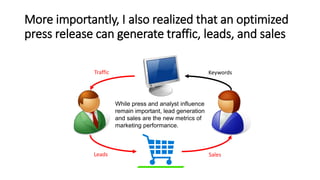 More importantly, I also realized that an optimized
press release can generate traffic, leads, and sales
Traffic
Leads Sal...