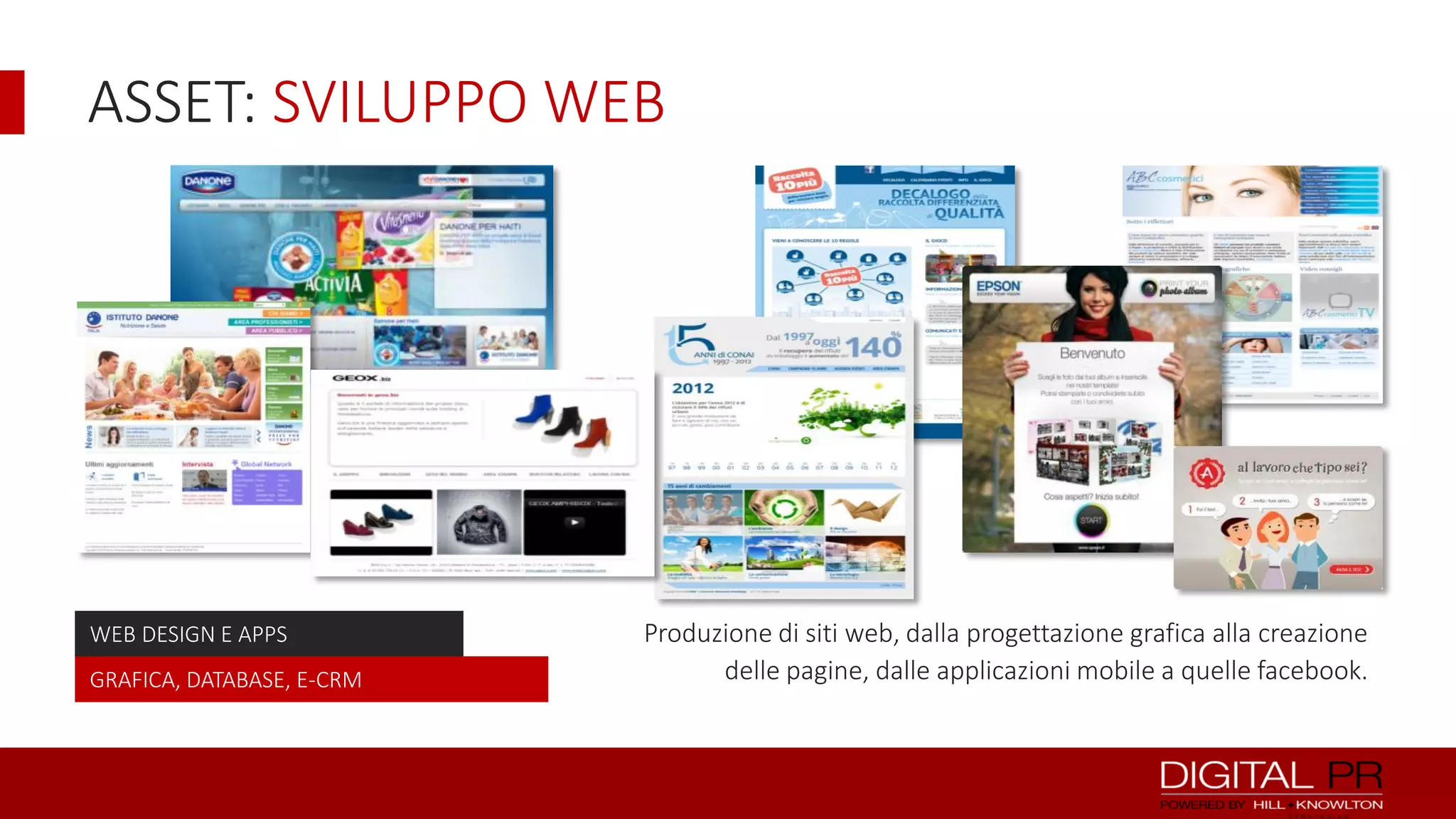 ASSET: SVILUPPO WEB

WEB DESIGN E APPS
GRAFICA, DATABASE, E-CRM

Produzione di siti web, dalla progettazione grafica alla creazione
delle pagine, dalle applicazioni mobile a quelle facebook.

 