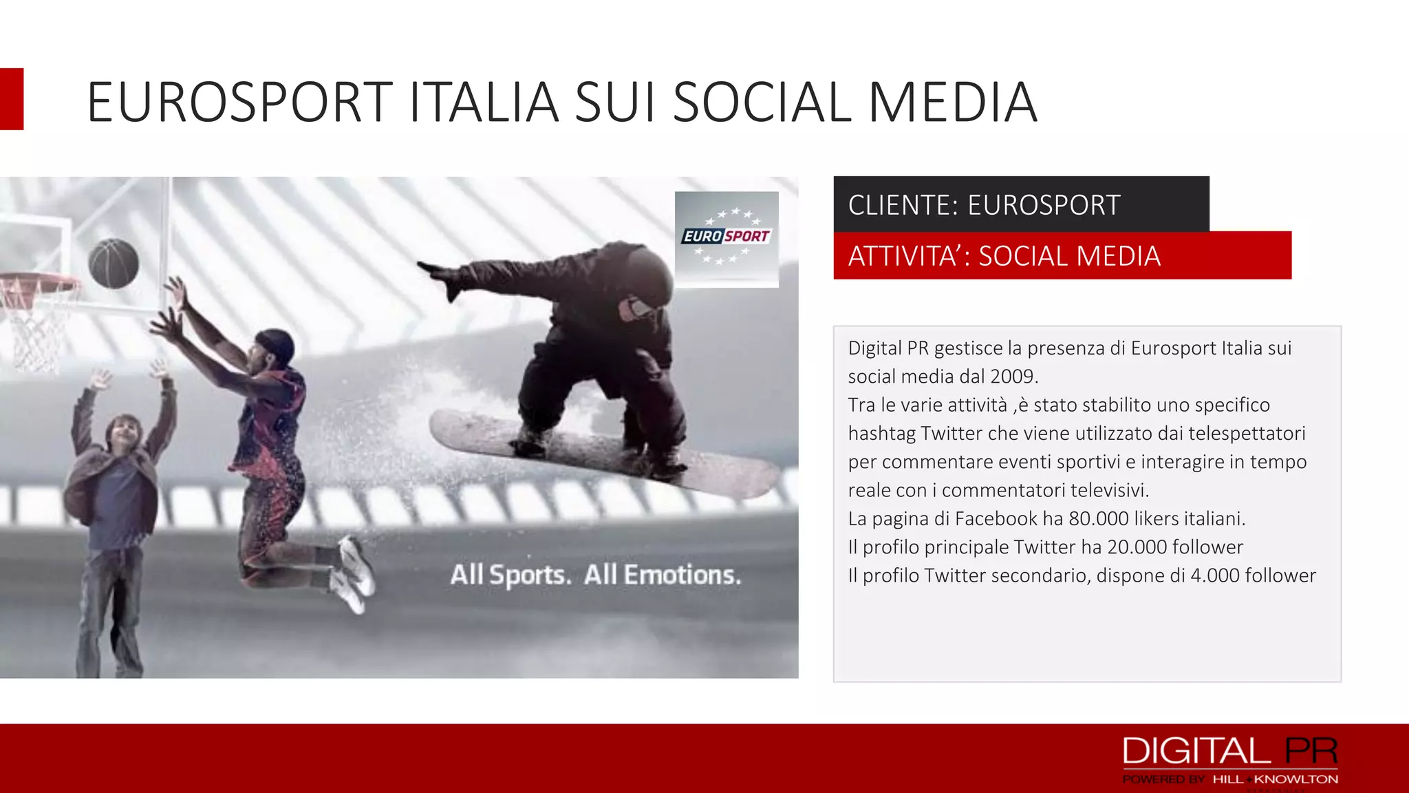 EUROSPORT ITALIA SUI SOCIAL MEDIA
CLIENTE: EUROSPORT
ATTIVITA’: SOCIAL MEDIA
Digital PR gestisce la presenza di Eurosport Italia sui
social media dal 2009.
Tra le varie attività ,è stato stabilito uno specifico
hashtag Twitter che viene utilizzato dai telespettatori
per commentare eventi sportivi e interagire in tempo
reale con i commentatori televisivi.
La pagina di Facebook ha 80.000 likers italiani.
Il profilo principale Twitter ha 20.000 follower
Il profilo Twitter secondario, dispone di 4.000 follower

 