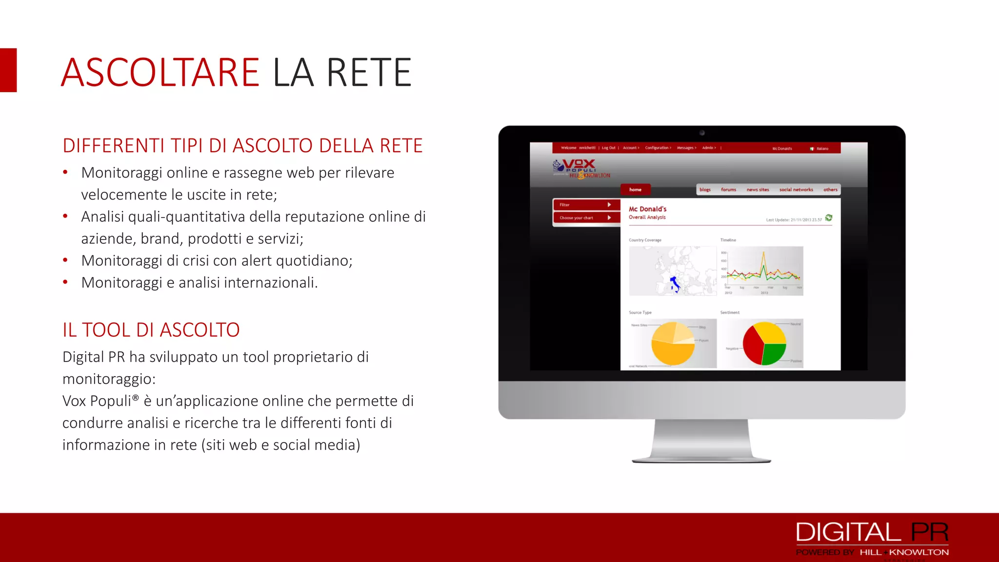 ASCOLTARE LA RETE
DIFFERENTI TIPI DI ASCOLTO DELLA RETE
• Monitoraggi online e rassegne web per rilevare
velocemente le uscite in rete;
• Analisi quali-quantitativa della reputazione online di
aziende, brand, prodotti e servizi;
• Monitoraggi di crisi con alert quotidiano;
• Monitoraggi e analisi internazionali.

IL TOOL DI ASCOLTO
Digital PR ha sviluppato un tool proprietario di
monitoraggio:
Vox Populi® è un’applicazione online che permette di
condurre analisi e ricerche tra le differenti fonti di
informazione in rete (siti web e social media)

 