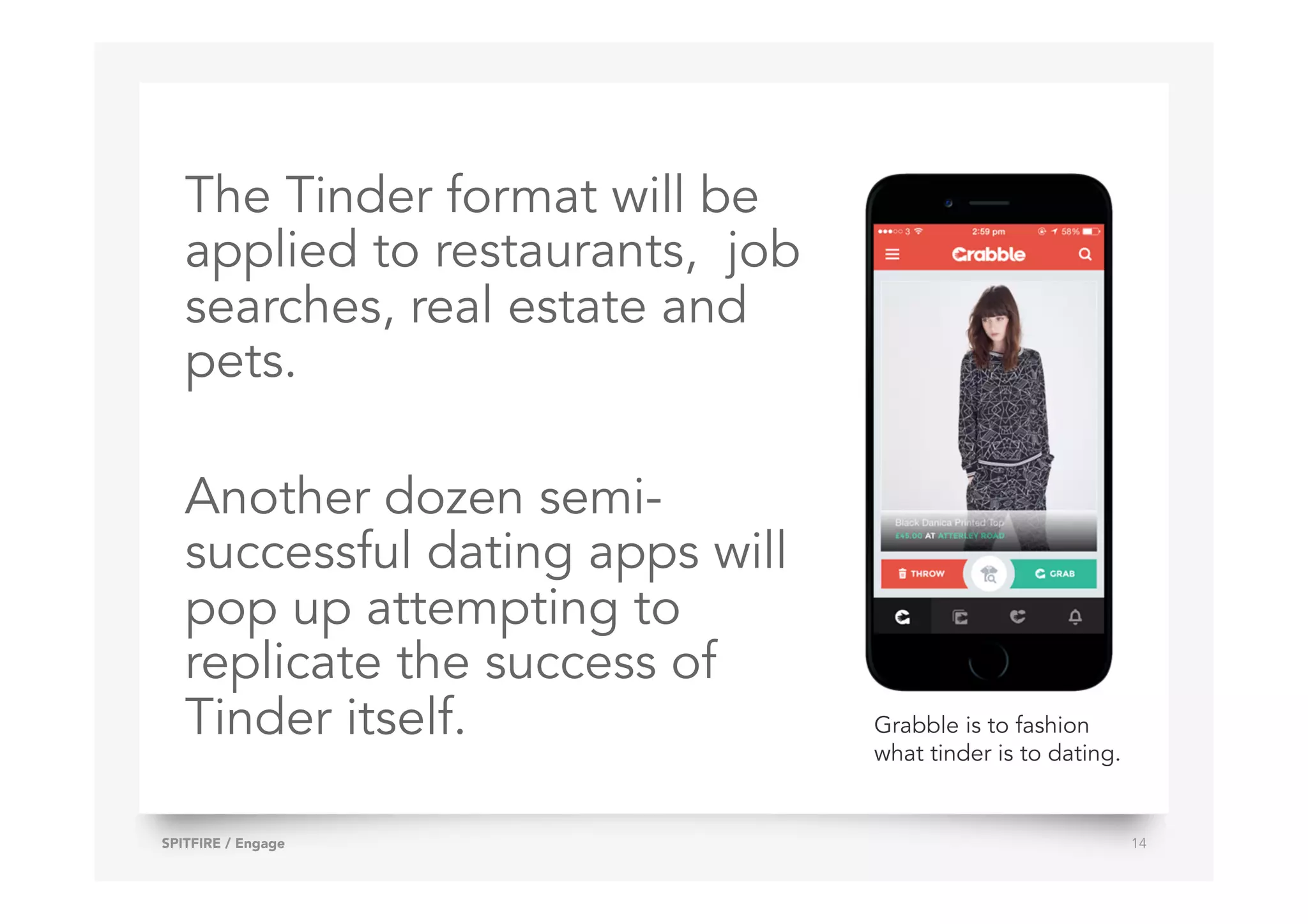 The Tinder format will be
applied to restaurants, job
searches, real estate and
pets.
Another dozen semi-
successful dating apps will
pop up attempting to
replicate the success of
Tinder itself.
SPITFIRE / Engage 14
Grabble is to fashion
what tinder is to dating.
 
