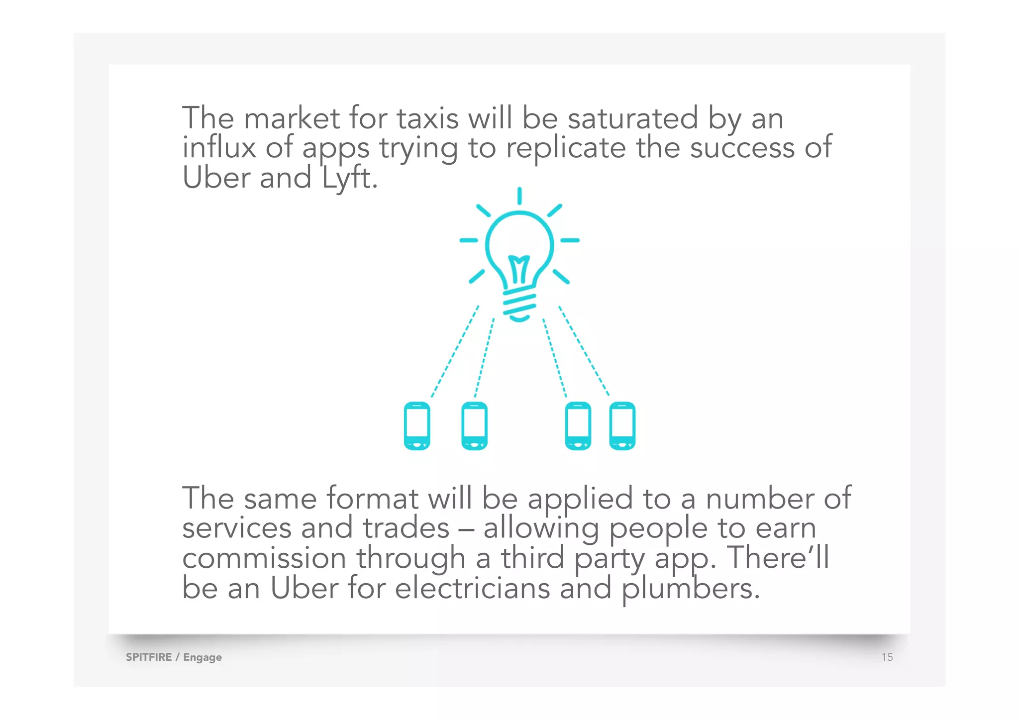 The same format will be applied to a number of
services and trades – allowing people to earn
commission through a third party app. There’ll
be an Uber for electricians and plumbers.
SPITFIRE / Engage 15
The market for taxis will be saturated by an
influx of apps trying to replicate the success of
Uber and Lyft.
 