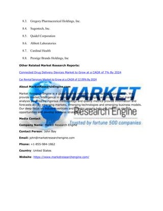 8.3. Gregory Pharmaceutical Holdings, Inc.
8.4. Sugentech, Inc.
8.5. Quidel Corporation
8.6. Abbott Laboratories
8.7. Cardinal Health
8.8. Prestige Brands Holdings, Inc
Other Related Market Research Reports:
Connected Drug Delivery Devices Market to Grow at a CAGR of 7% By 2024
Car Rental Services Market to Grow at a CAGR of 12.09% By 2024
About MarketResearchEngine.com
Market Research Engine is a global market research and consulting organization. We
provide market intelligence in emerging, niche technologies and markets. Our market
analysis powered by rigorous methodology and quality metrics provide information and
forecasts across emerging markets, emerging technologies and emerging business models.
Our deep focus on industry verticals and country reports help our clients to identify
opportunities and develop business strategies.
Media Contact
Company Name: Market Research Engine
Contact Person: John Bay
Email: john@marketresearchengine.com
Phone: +1-855-984-1862
Country: United States
Website: https://www.marketresearchengine.com/
 