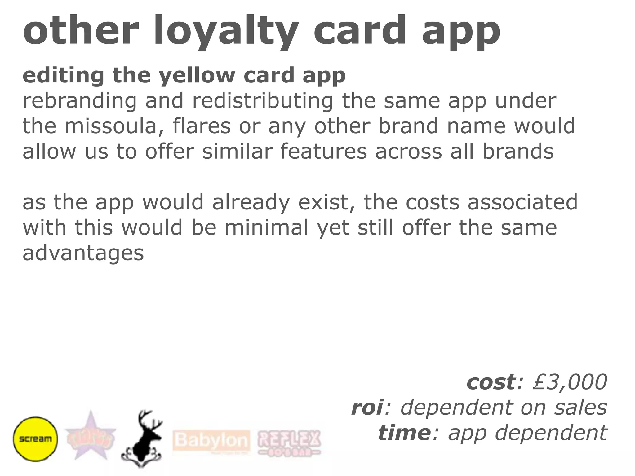 facebook dealsfriend dealcould encourage people to invite their mates along to achieve a specific deal. this increases footfall and sales:“mike watson checked in at the dry dock with five friends and received a free round of corky’s with his first drink”“mike watson checked in at the dry dock with five friends and has VIP Line Passes for his next visit”loyalty dealcould be used to encourage people to visit multiple sites in a single city“mike watson checked in four times at missoula doncaster and can claim a free budweiserat flares doncaster”