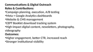 Communications & Digital Outreach
Roles & Contributions:
•Campaign planning, execution, A/B testing
•Meta + Google Analytics dashboards
•Website & CMS management
•CEPT Booklet download tracking system
•High-impact digital content, newsletters, photography,
videography
Outcomes:
•Higher engagement, better CTR, increased reach
•Stronger institutional visibility
 